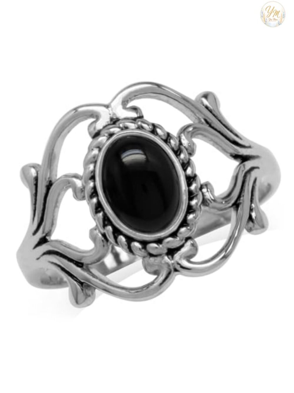 White Gold Plated 925 Sterling Silver Black Onyx Ring Bezel Rope Victorian